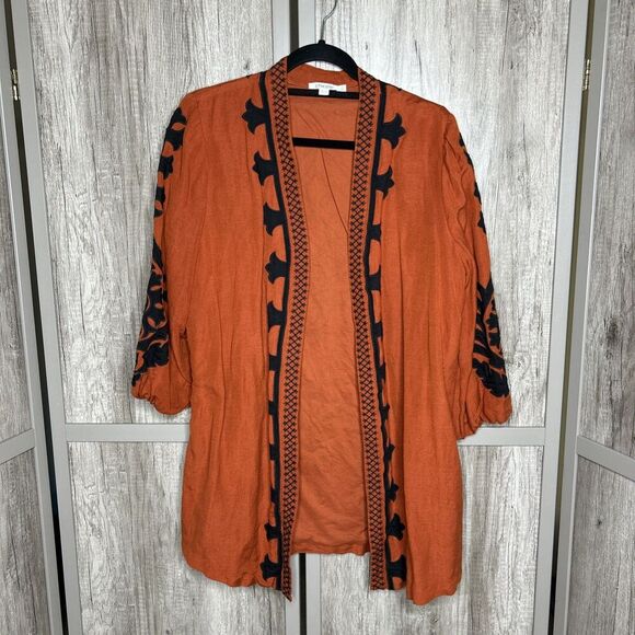 Chicos Kimono Jacket Applique Rust Black Linen Blend Balloon Sleeve Size 1 - Picture 1 of 7